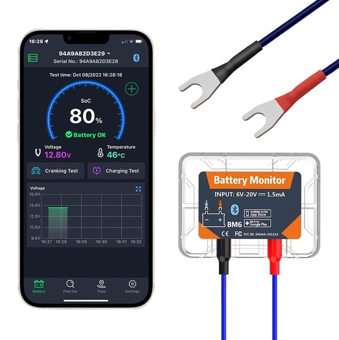Tester de Baterie Auto 12V, Monitor Bluetooth Compatibil Android/iOS