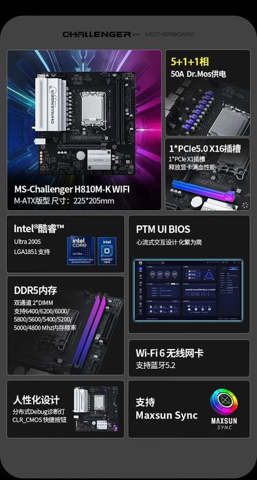 Новый комплект i5 Ultra 5 225F H810M-K Wifi