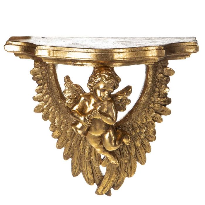 Consolă decorativă aurie cu înger sculptat, H. 21 cm