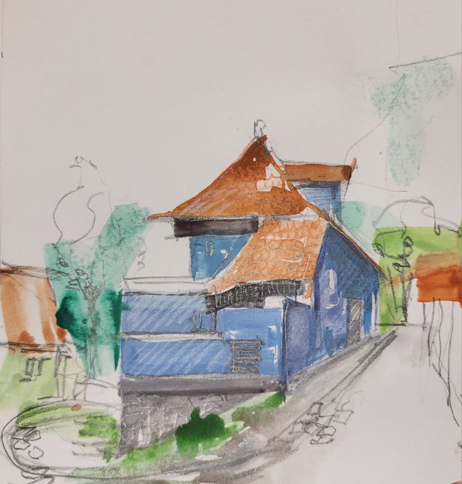 Casă din Sighişoara- Pictură tehnică mixtă pe hârtie