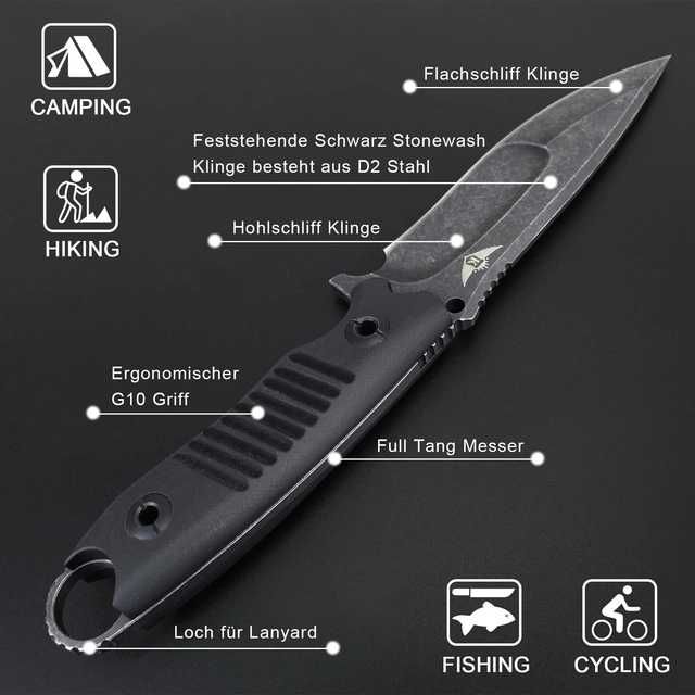 Cuțit vânătoare KOMWERO, lamă fixă D2, mâner G10, toc Kydex