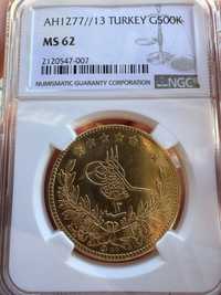 NGC MS62 Златна Монета Турция 500 Куруш 1872г.(1277/13) Абдул Азис