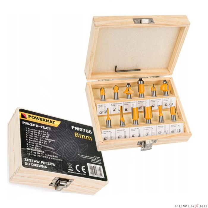 Set 12 freze lemn profesionale pentru freza, oberfreza prindere 8 mm,