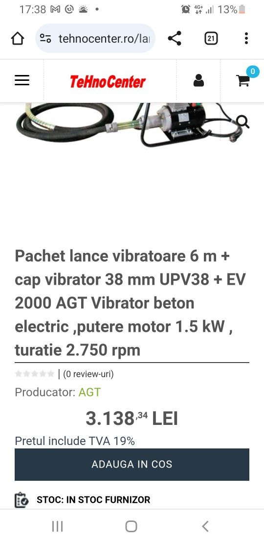 EV 2000 AGT Vibrator beton electric ,putere motor 1.5 kW .