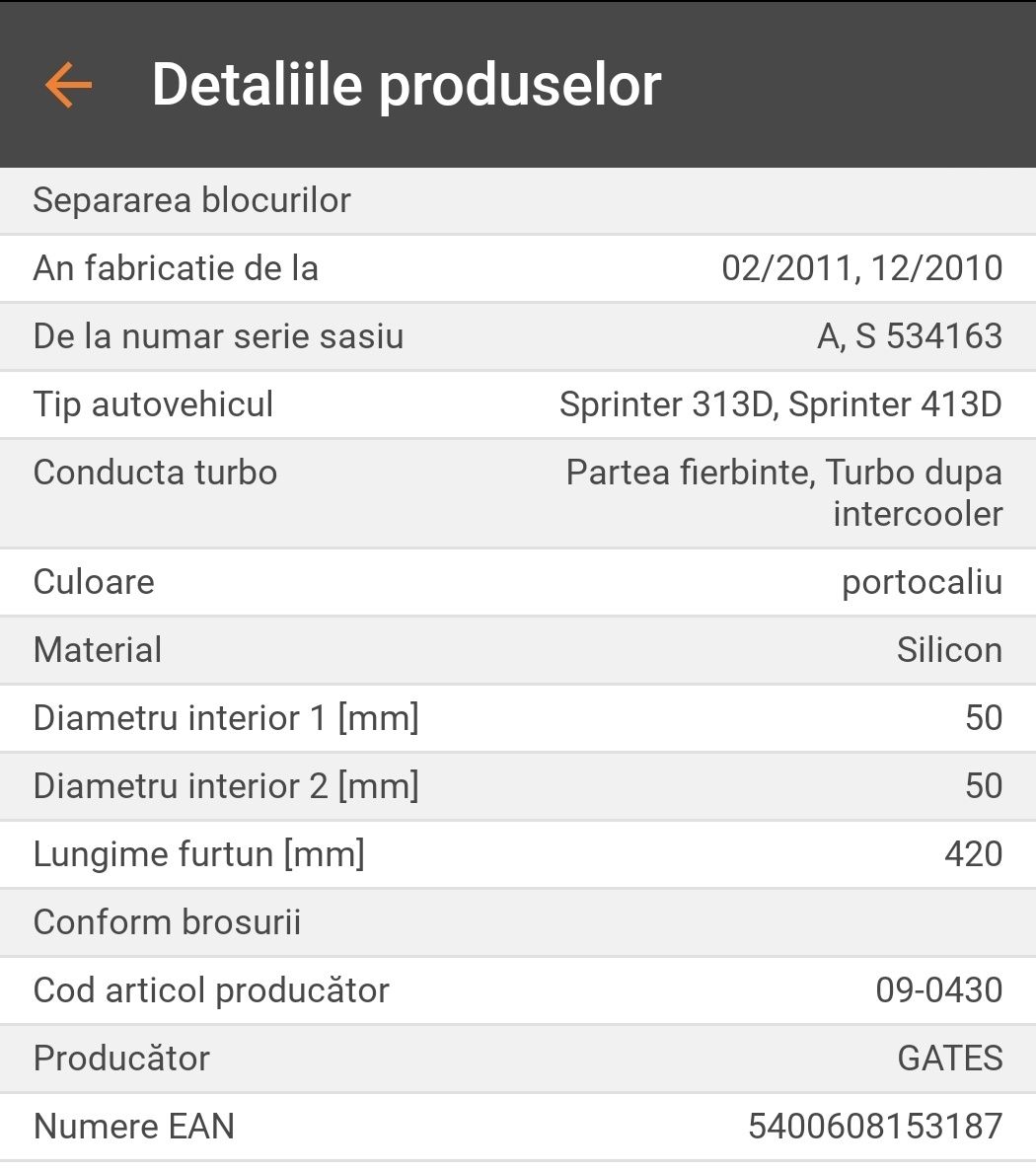 Furtun aer Sprinter Furtun aer supraalimentare motor 2.2 sau 3.0 E456