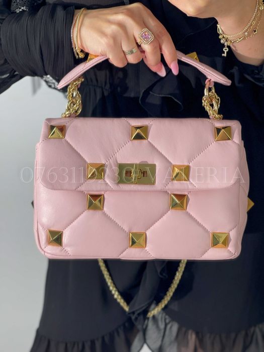 Geanta Valentino - Roz Pal roman Stud Piele Medie
