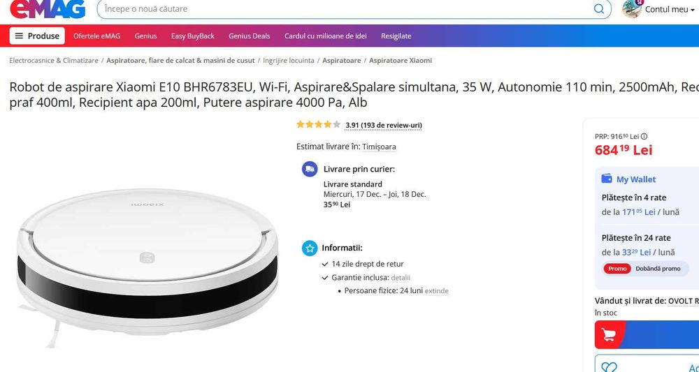 Robot de aspirare Xiaomi E10 BHR6783EU, Wi-Fi,