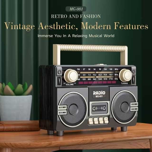 Ретро стерео преносимо радио MG001 с USB зареждане, TF карта AUX AM/FM
