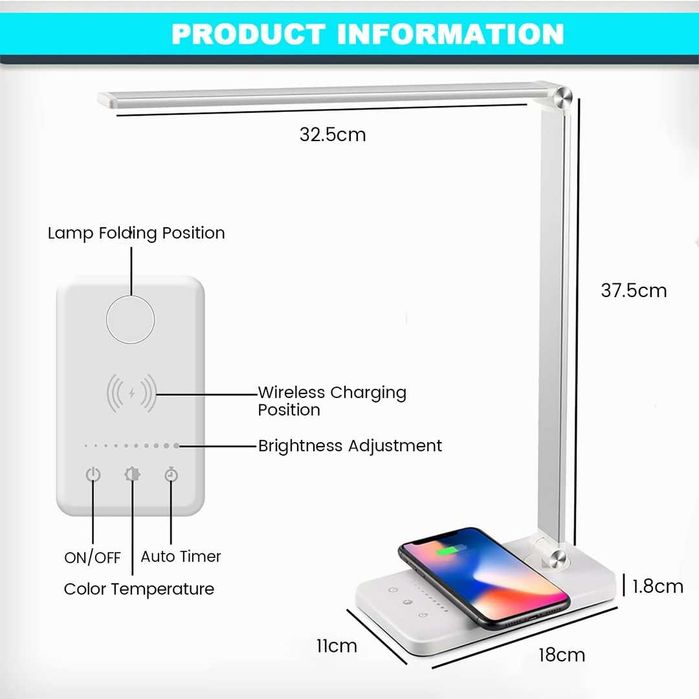 Lampă de birou LED, încărcare wireless 10 W, funcție de încărcare USB,