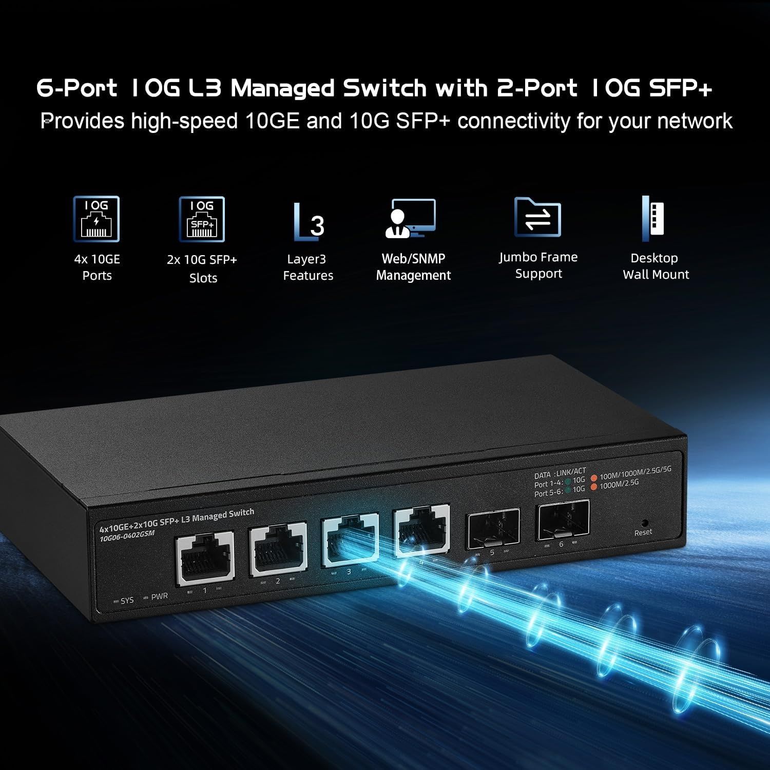 Binardat управляем суич, 6 порта, 4 x 10G Ethernet, 2 x 10G SFP+