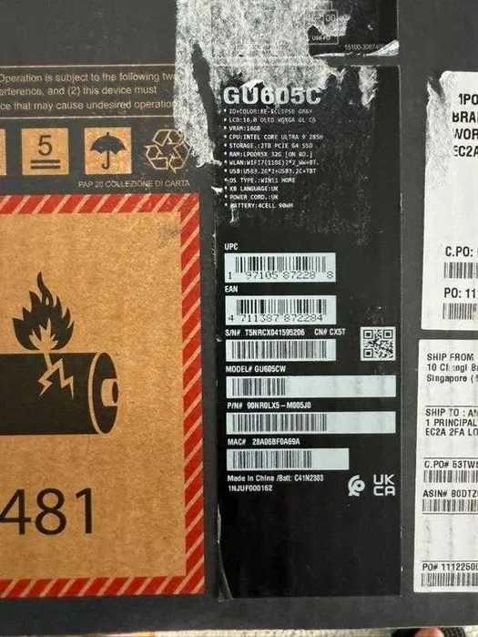ASUS ROG Zephyrus 16”GU605CW 32 RAM,Intel Core Ultra 9 285 H, RTX 5080