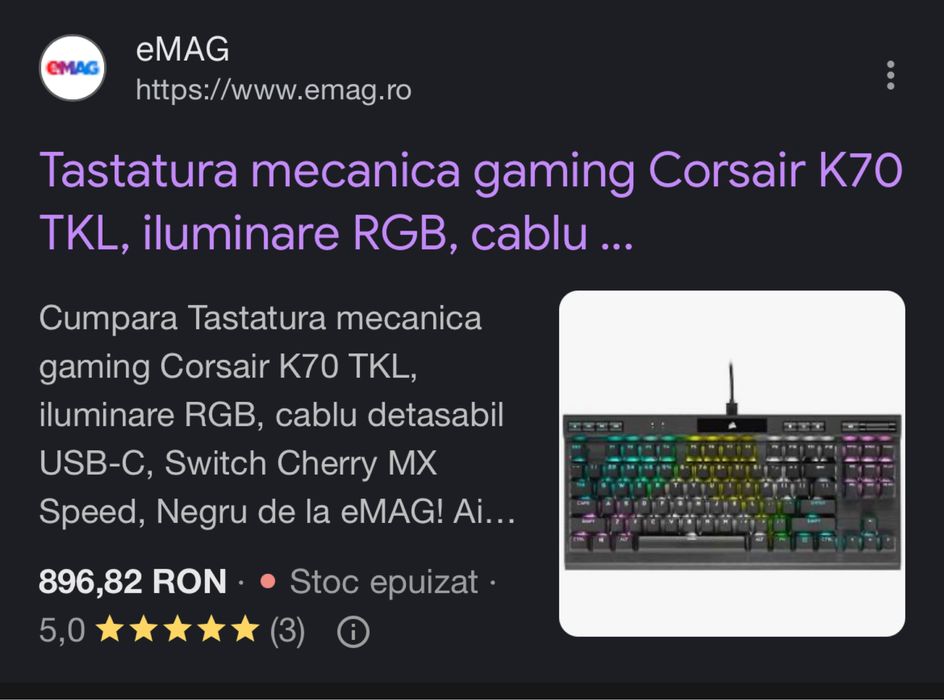 Tastatura Corsair K70 TKL RGB 8000KHz Polling Rate. 0.125ms.
