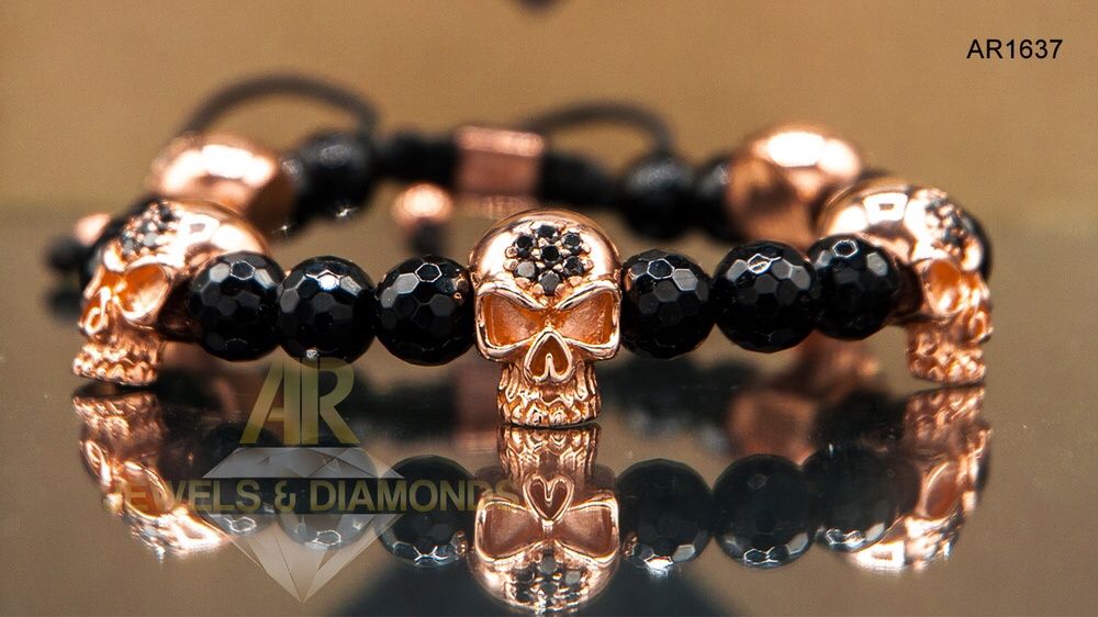 Bratara Aur Rose cu Diamante Negre model unisex Skull Arjewels(AR1637