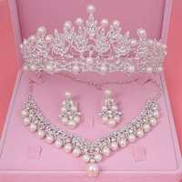 diadema coronita tiara + cercei + colier set cu perle argintiu