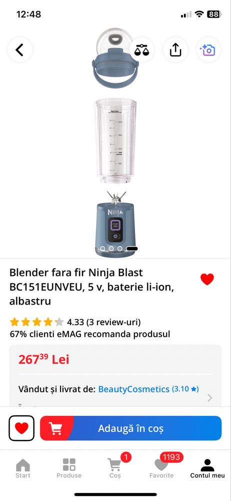 (eMag) garanție mini Portabil Blender fara fir Ninja Blast baterie gym