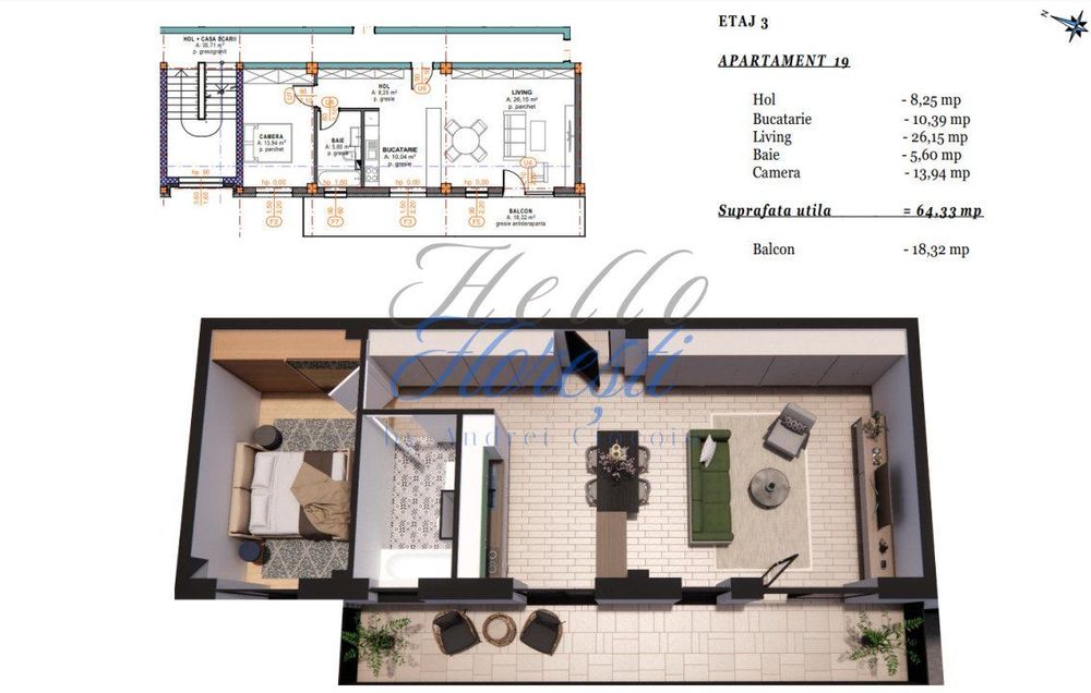 Apartament 2 camere cu terasa, semifinisat, 64 mp, zona Terra Gardens,