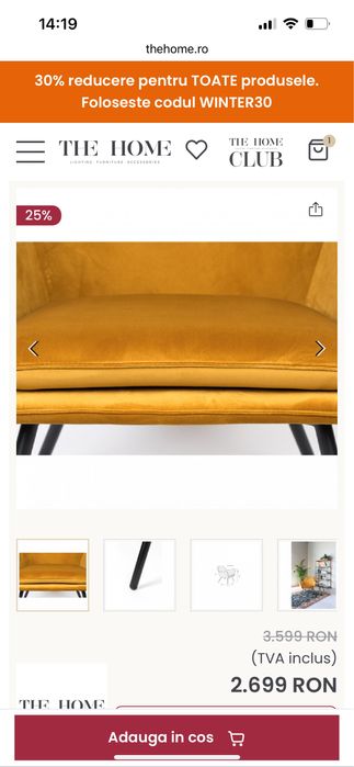 Fotoliu lounge galben din catifea Bon The Home Collection