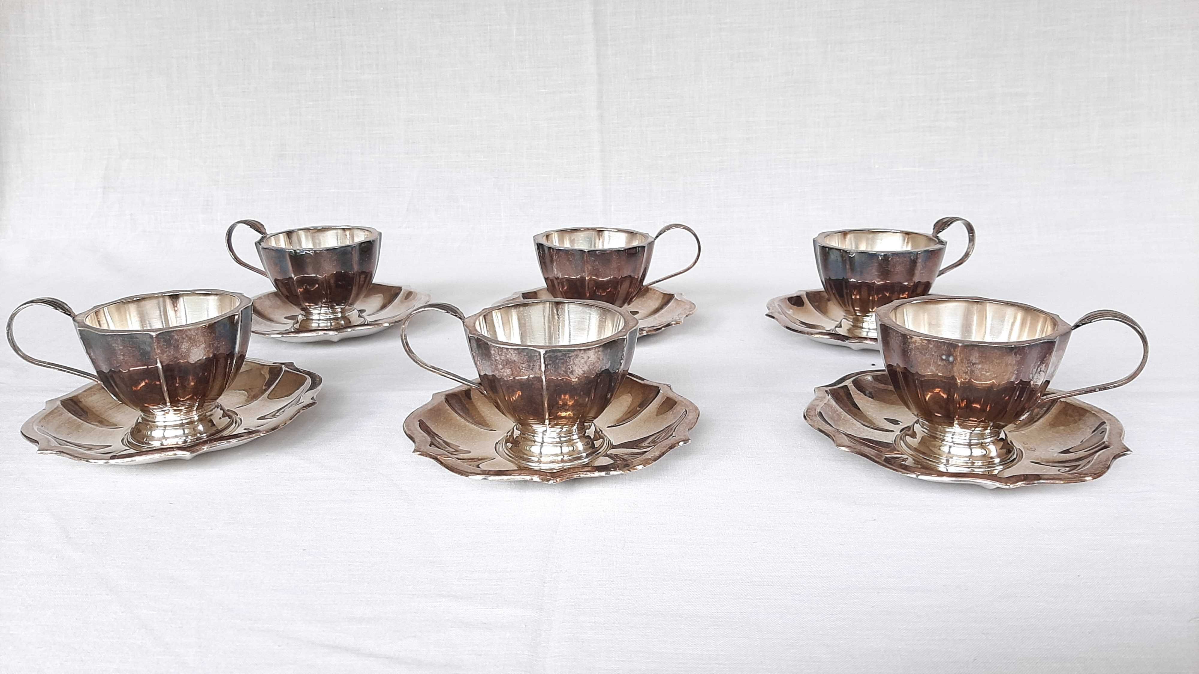 Set 6 cești+6 farfurioare ceai,cafea,argint masiv 800,Franta,1887-1900