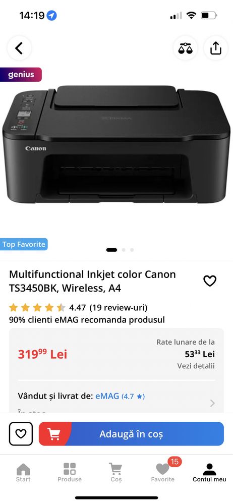 Imprimantă Multifunctional Inkjet color Canon TS3450BK, Wireless, A4