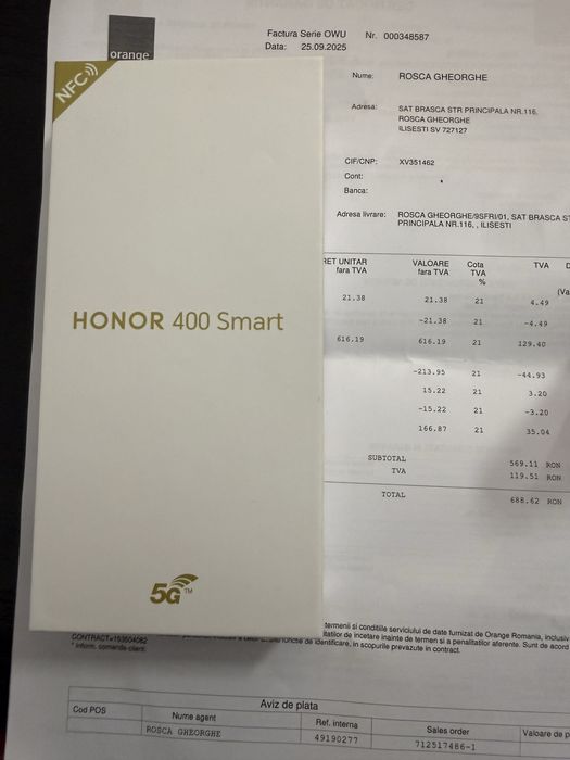 Honor 400 smart , 128/4 , nou, garantie/factura