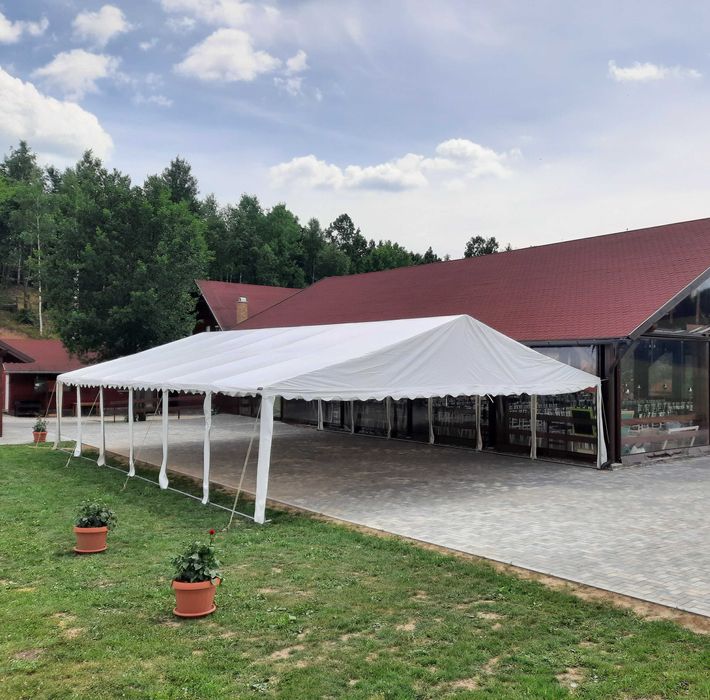 Cort/pavilion 8x12 m – aproape nou, cu prelată acoperiș + laterale