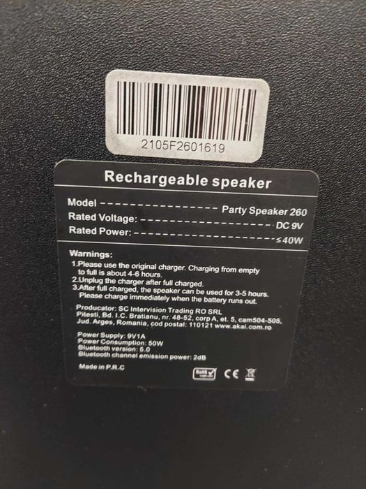 Hope Amanet P5-Boxa portabila AKAI PARTY SPEAKER 260,Bluetooth 5.0,50W