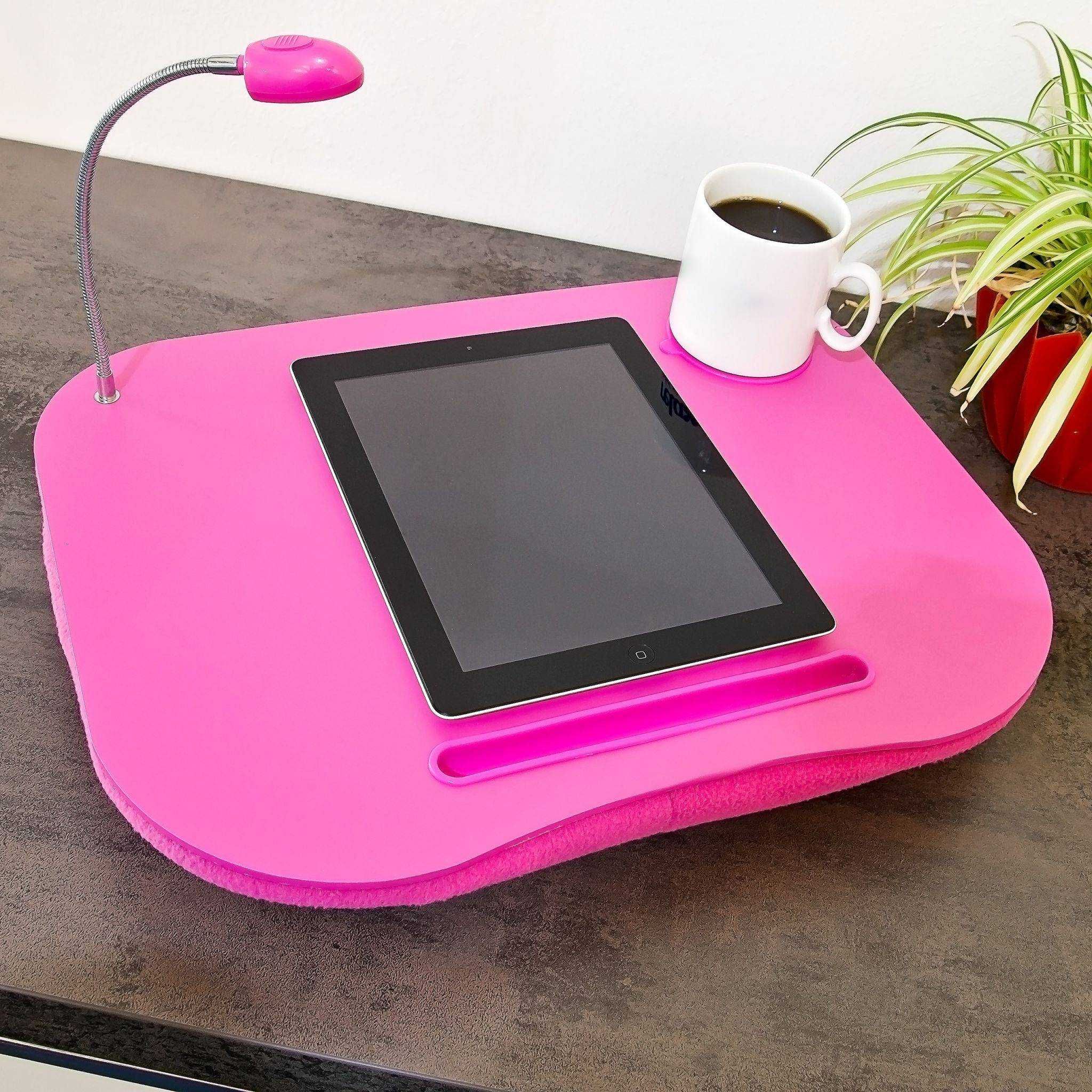 Suport pentru laptop cu lumina LED si suport pahare lapdesk roz