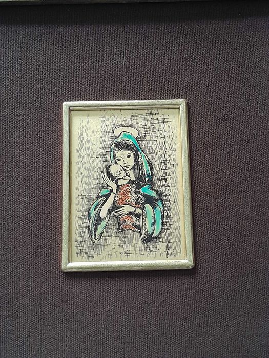Tablou/pictură pe foiță aur 22K marcat - Madona cu pruncul - 22x20 cm