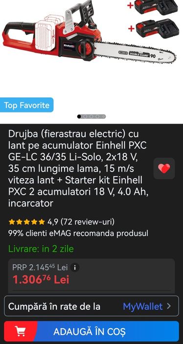 Drujba (fierastrau electric) cu lant pe acumulator Einhell PXC GE-LC 3
