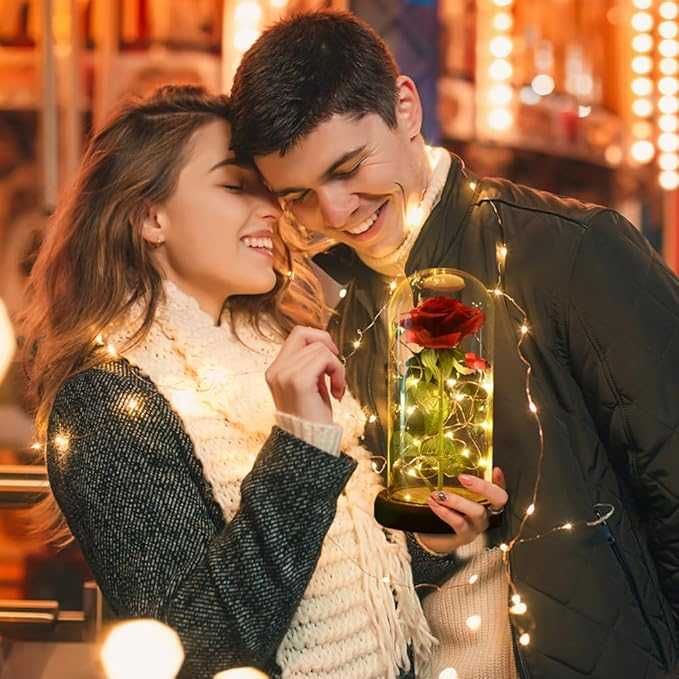 Trandafir LED criogenat in cupola de sticla, baza din lemn, 22x11.5 cm