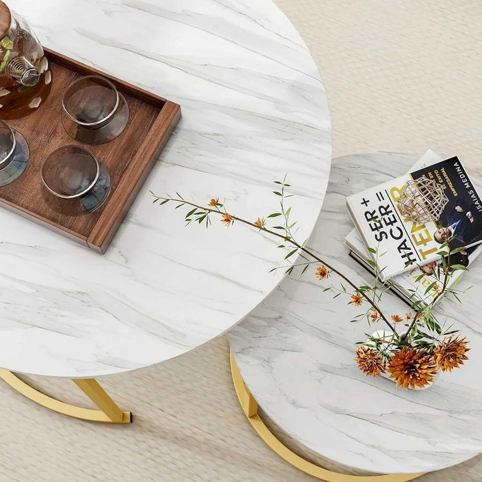 Set 2 masute rotunde de cafea cu efect de marmura, blat MDF