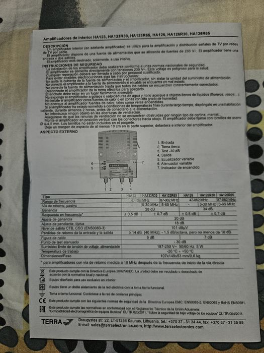 Amplificator de TV Terra HA 126 - 34 dB (max.117) si schita tehnica