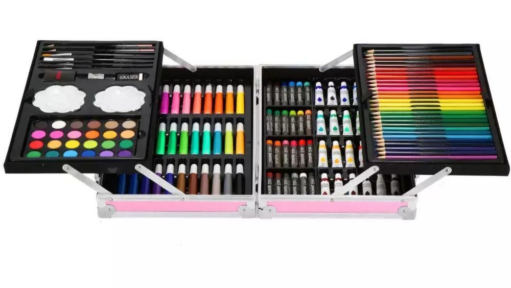 Метален куфар с 146 части за рисуване флумастри, пастели, бои за деца