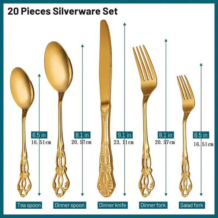 Комплект от 30 части  прибори от неръждаема стомана в златен цвят