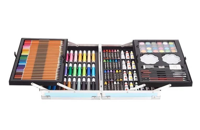 Детски комплект за рисуване в куфар 145 части бои моливи пастели четки