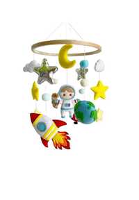 Carusel Pentru Patut Bebe cu Astronaut, Bumbac/Lemn TEOX