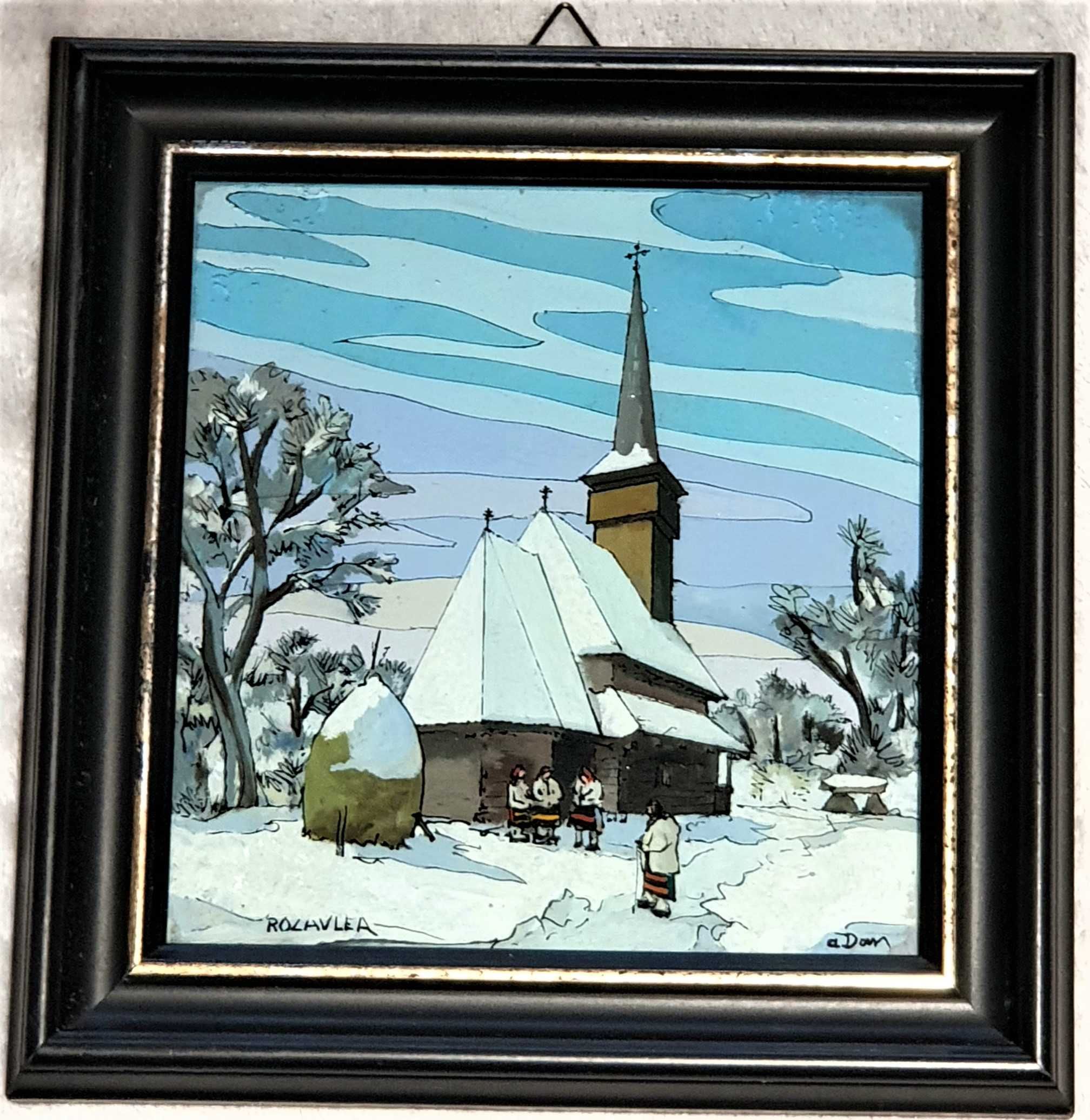 pictura pe sticla Aurel Dan, membru U.A.P, Biserica Rozavlea 18x18cm