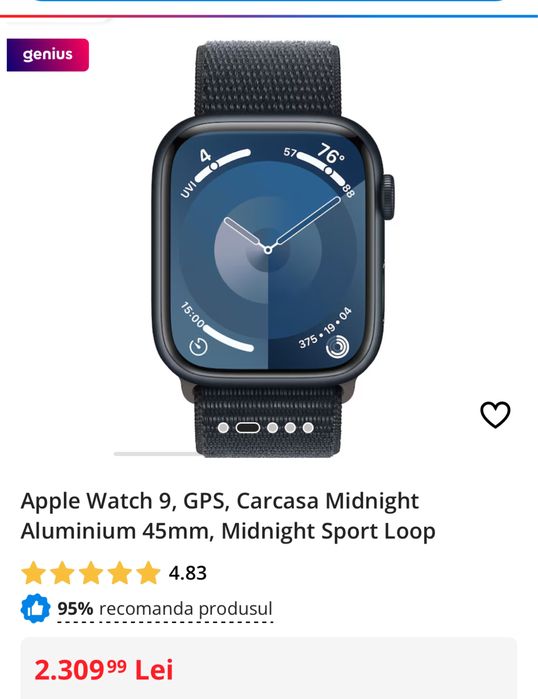 Apple Watch 9, Carcasa Midnight 45mm, sigilat, transport ZERO