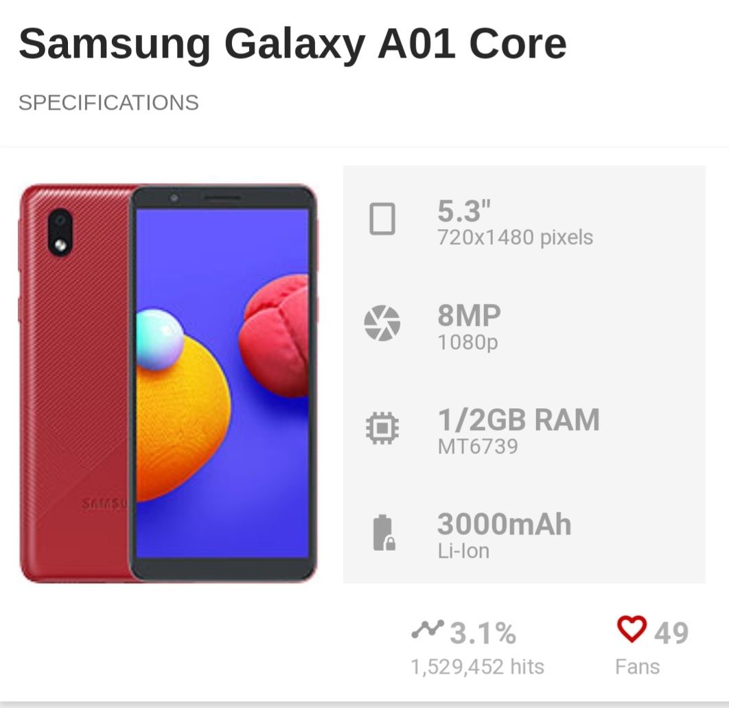 Tel sotiladi Samsung Galaxy A01 core Dual sim
