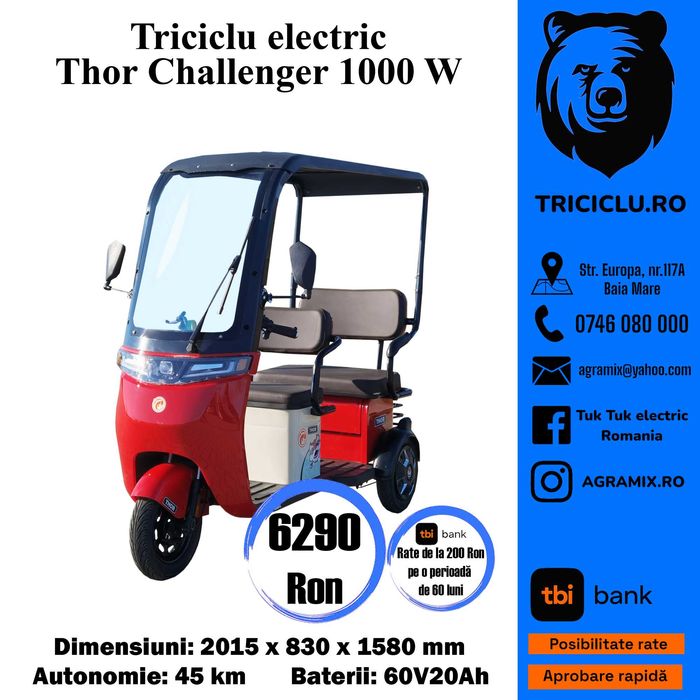 ChallengerRosu triciclu electric nou 1000 W Agramix