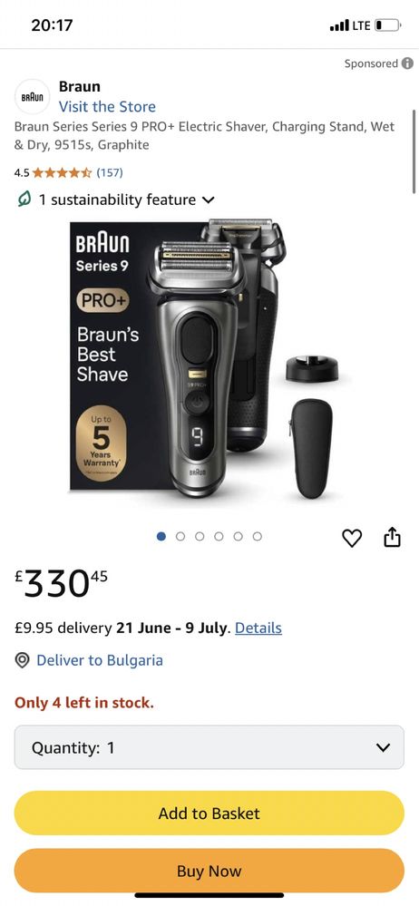 Самобрьсначка, Braun Series 9 Pro+, мокро/ сухо, презареждаема, черна