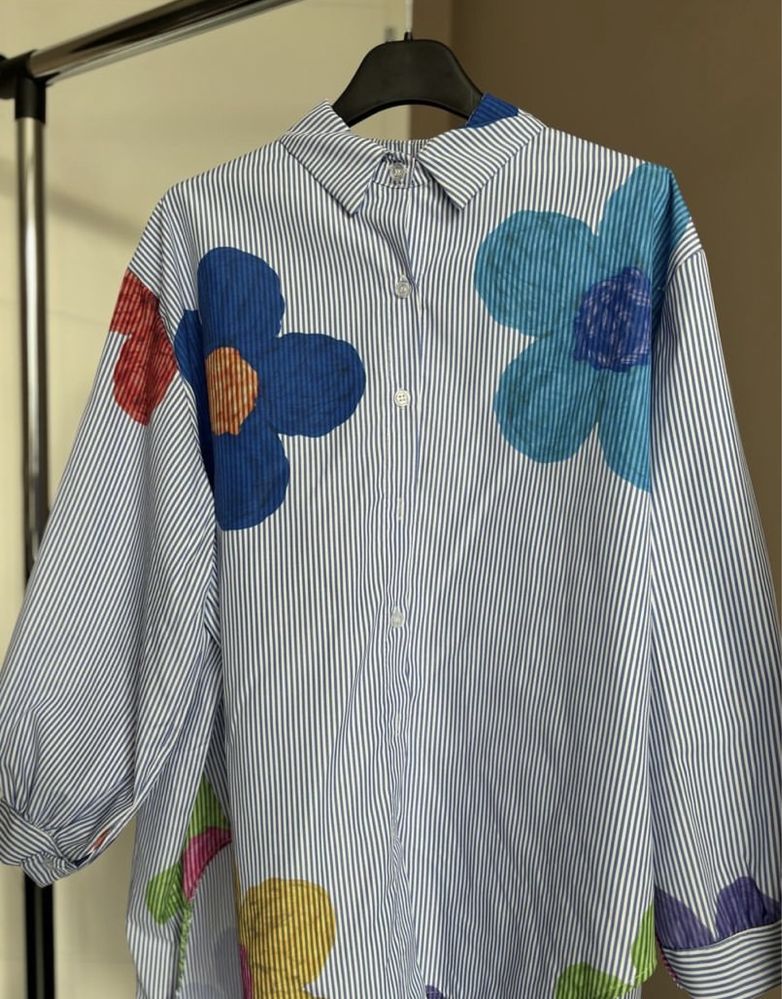 Дамска риза, стандартен размер, синя риза с цвятя