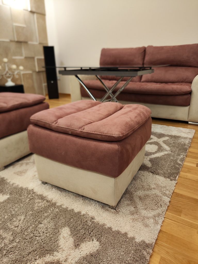 Италянска холова мека мебел диван Г + диван двойка + табуретки