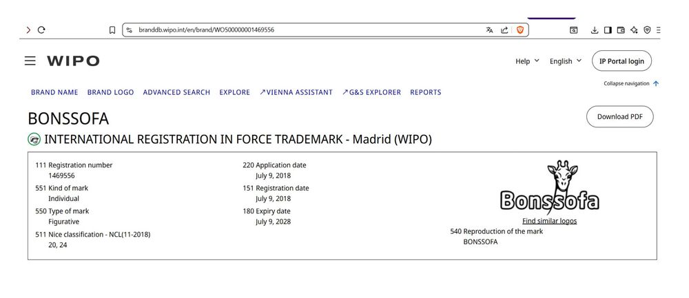 Bonssofa trademark, marca comerciala, зарегистрированный товарный знак