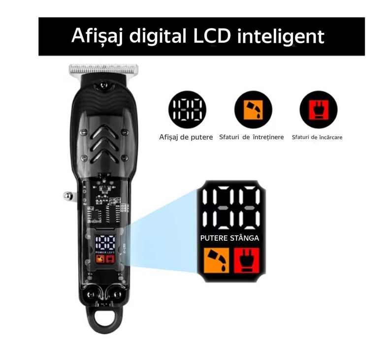 Aparat de tuns, transparent,lame otel inoxidabil, bat Li-Ion