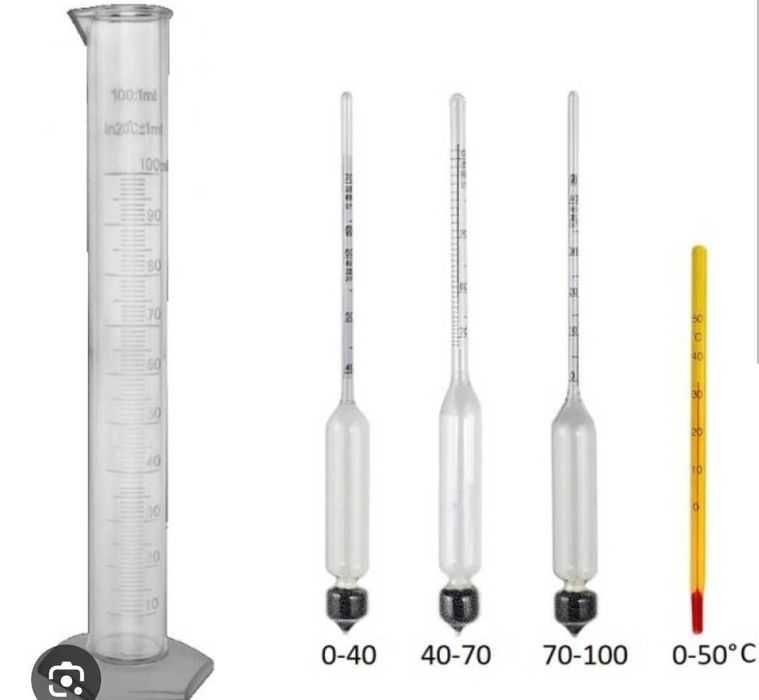 Прецизен спиртомер в дървена кутия, мензура, термометър и таблица-ново