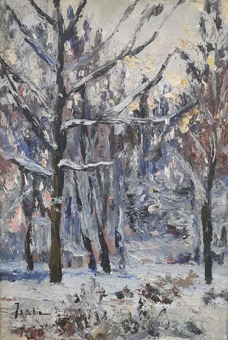 Tablou vechi - peisaj de iarna - semnat Isachie