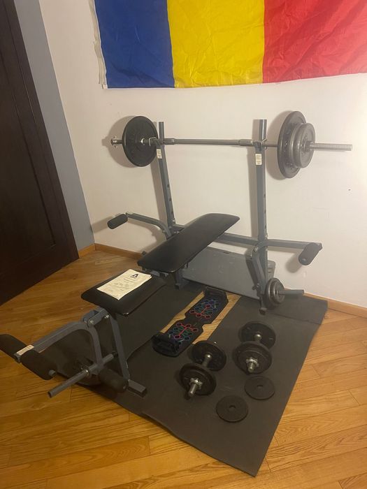 Aparat fitness complet – banc de forță, gantere, bară, 100 kg greutăți
