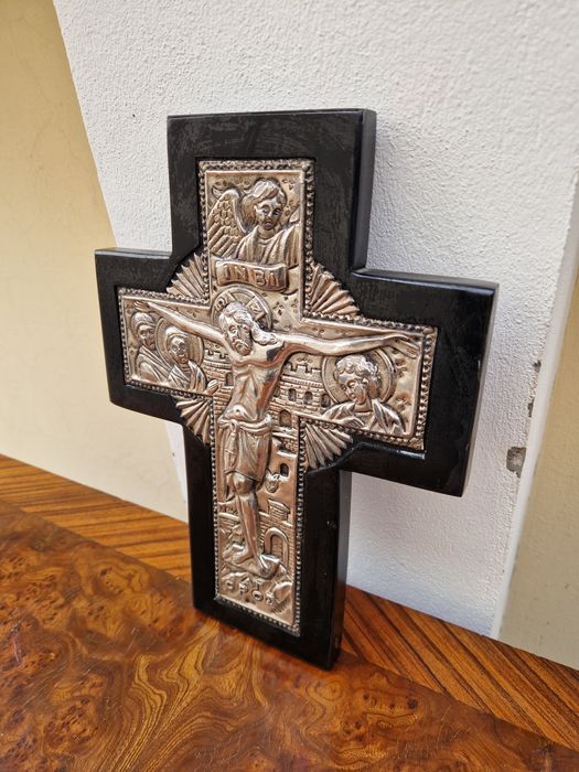 Страхотна антикварна сребърна икона кръст сертификат