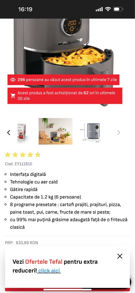Friteuza cu aer cald Tefal capacitate 4.2L